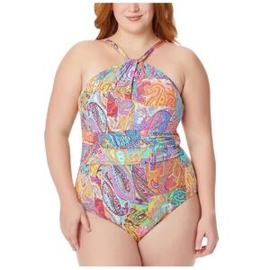 Bleu Rod Beattie Paisley Halter One Piece Swimsuit Plus Size 16W Multi Color